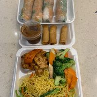 Noodle combo with 2 options, spring rolls & not fried veggie & noodle rolls at Mama's Tofu in North York