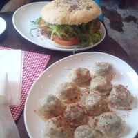 Burger and Spinach pierogi at Bar Górski in Zakopane