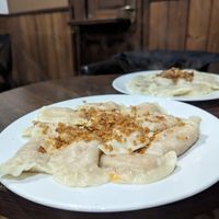 Cabbage and mushroom / red lentil pierogi at Bar Górski in Zakopane