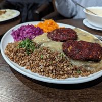 Grains, veggie patty's and gravy at Bar Górski in Zakopane