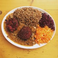 Beetroot and sage cutlets with mushroom sauce, groats and salad. at Bar Górski in Zakopane