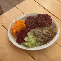 beetroot patty’s with buckwheat and mushroom sauce  at Bar Górski in Zakopane