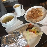 Sopa de verduras, gyozas de lentejas y falafel wrap. at Bar Górski in Zakopane