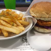 Crispy chicken burger and cheesy fries! Delicious!  at Ain Soph.Ripple Kabukicho in Tokyo