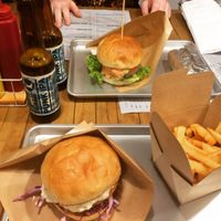 Brewdog ipa, chicken burger and fries. Ripple Burger and Burrito at Ain Soph.Ripple Kabukicho in Tokyo