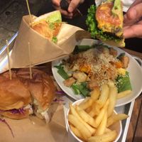 chicken burger + cheese burger, salad and fries ❤️ at Ain Soph.Ripple Kabukicho in Tokyo