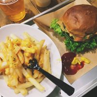 Fries with cheese and cheese burger at Ain Soph.Ripple Kabukicho in Tokyo