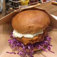 crispy chicken burger. so. good. at Ain Soph.Ripple Kabukicho in Tokyo