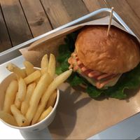 Cheeseburger and fries! at Ain Soph.Ripple Kabukicho in Tokyo