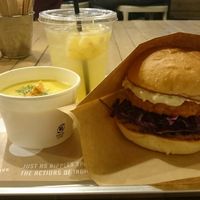 Chicken burger and corn soup at Ain Soph.Ripple Kabukicho in Tokyo