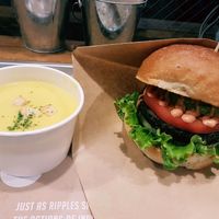 Burger and corn soup at Ain Soph.Ripple Kabukicho in Tokyo