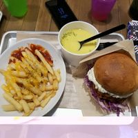 chicken burger, cheese fries and soup! at Ain Soph.Ripple Kabukicho in Tokyo