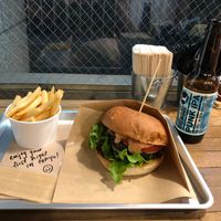 Cheeseburger, fries, beer at Ain Soph.Ripple Kabukicho in Tokyo