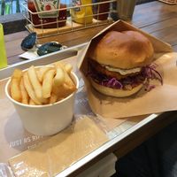 Soy burger with tartar sauce and cabbage with fries  at Ain Soph.Ripple Kabukicho in Tokyo