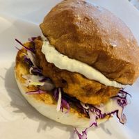 “Chicken” burger, the creamy sauce was delicious  at Ain Soph.Ripple Kabukicho in Tokyo