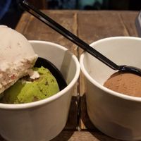 strawberry ice cream, matcha adzuki bean ice cream, gluten-free chocolate brownie? ice cream. photo taken in june. at Ain Soph.Ripple Kabukicho in Tokyo