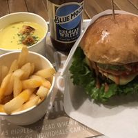 Beef burger, chips, corn soup & beer at Ain Soph.Ripple Kabukicho in Tokyo