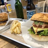 Cheeseburger, chicken burger, fries and beers. Yes!  at Ain Soph.Ripple Kabukicho in Tokyo