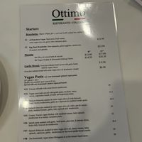 Vegan menu  at Ottimo Ristorante Italiano in Hobart