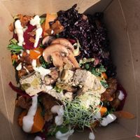 Portobello bowl (take-way) : black rice, tofu, marinated mushrooms, avocado, salad, seeds, tempeh bacon. Delicious!  at Paper Plane in Nice