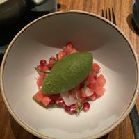 Dessert - caffeine free oat cappuccino and mint sorbet with watermelon and pomegranate   at Farang in Stockholm