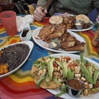 Vegan Tostadas, Vegan Frenchtoast, Vegan Chorizo Potatoe Scramble in the back at Pick Me Up Cafe in Chicago