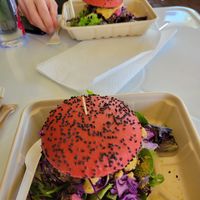 Black Bean Burger with a spicy tomatillo sauce! Get in my mouth!!!!!! at Organically Twisted in Naples