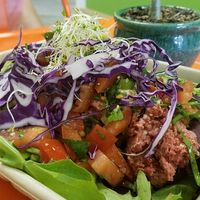 Beetballs and zucchini pasta on a bed of greens at Organically Twisted in Naples