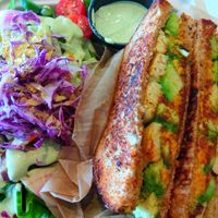 Grilled sandwich (avocado, nut cheez, and I added tempeh). Comes with side salad at Organically Twisted in Naples