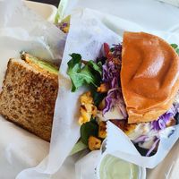 OT's Grilled Sandwich & super yummy Black Jack Mac Attack Burger - they split them for us! at Organically Twisted in Naples