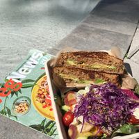 Avocado and nut cheese sandwich with side salad at Organically Twisted in Naples