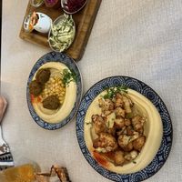 Hummus with cauliflower, hummus with vegan falafel, pickled salad (forgot to take a photo of the pita bread)  at D&A Hummus Bistro - Westerstraat in Amsterdam