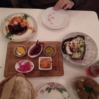 Hummus fest! Hummus with roasted veggies and lots of toppings. , falafel and eggplant  at D&A Hummus Bistro - Westerstraat in Amsterdam