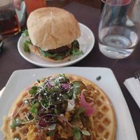 Chik'n and waffles & Falafel burger. Thai bloody Mary. at Veg Cafe in Sacramento