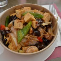 This dish was included in the daily menu: vegetables and tofu in a sweet soy sauce over rice.  at Thai Basil Restaurant in Sacramento