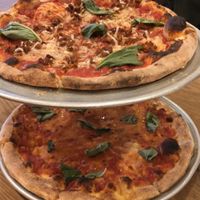 Top: Vegan Margherita Pizza with Vegan Sausage (soyrizo)  at Delarosa - Yerba Buena in San Francisco