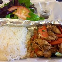 Vegan Chick'n w/vegetables, rice and salad  at Nibi Pho Bistro in Commerce
