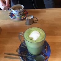 a coffee and a matcha latte with soy milk at Bagels & Beans - Schouwburgplein in Rotterdam