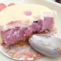 inside the Triple Berry Cheesecake (the pink flower is edible) at Vegan Treats Bakery in Bethlehem