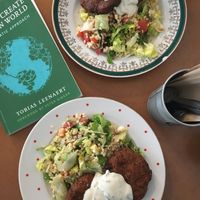 Vegan “Meatball” patties with “tzatziky” sauce and bulgur salad at Made with Laf in Bratislava