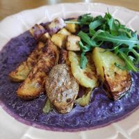 red cabbage stew with marinated tofu and potatoes. at Made with Laf in Bratislava