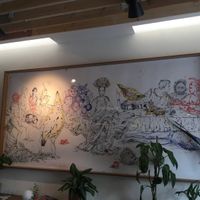 Super neat artwork over the tables  at Made with Laf in Bratislava