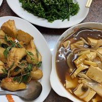 Fern greens, basil and king oyster mushrooms, and tofu   at Shan Hu in Sun Moon Lake
