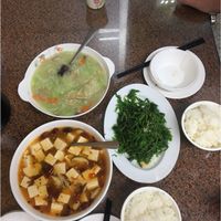 Mapo tofu, fern salad, stir fried loofah with ginger and rice  at Shan Hu in Sun Moon Lake