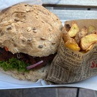 Pastrami burger and potatoes   at Krowarzywa in Krakow
