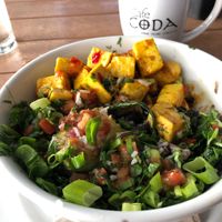 Tofu bowl with sweet chili sauce, Chico Chai with oat milk   at Cafe Coda in Chico
