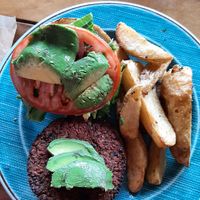 Vegan Burger with dry Bun & Patty. But the Potatoe Wedges were good at Cafe Mono Congo in Dominical