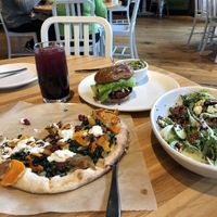 Beet burger and vegan pizza  at True Food Kitchen in El Segundo
