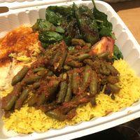 Loubiya Combo Plate (green beans in tomato sauce, rice, fresh spinach, and hummus) at Paprika Cafe in Monterey