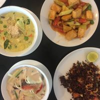 Mushroom in coconut soup ( Tom Kha Hed, bottom left) , green curry ( top left) are so tasty :)  at 108 Vegetarian Cuisine in Phuket